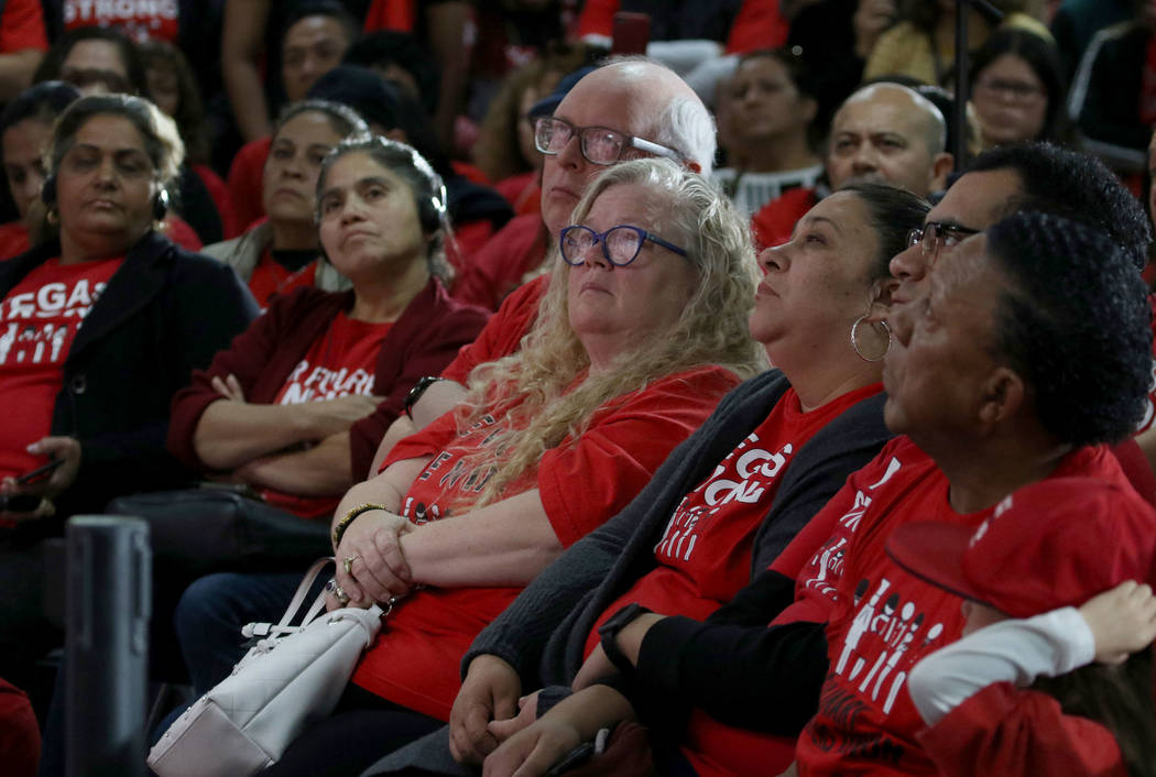 Union members listen as Democratic presidential candidate former Vice President Joe Biden speak ...