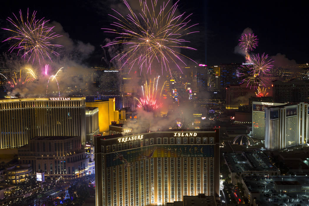 New Year’s fireworks are seen along the Las Vegas Strip from the top of the Trump Internation ...