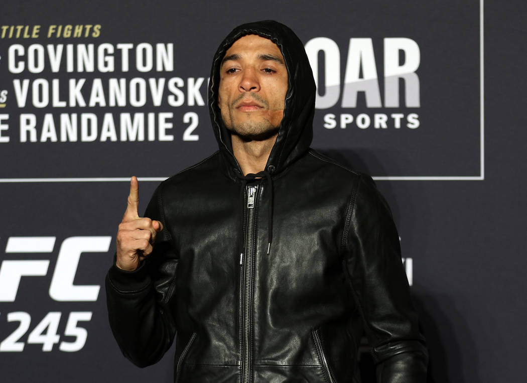 UFC bantamweight Jose Aldo poses for a photo during a UFC 245 media event at the Red Rock hotel ...