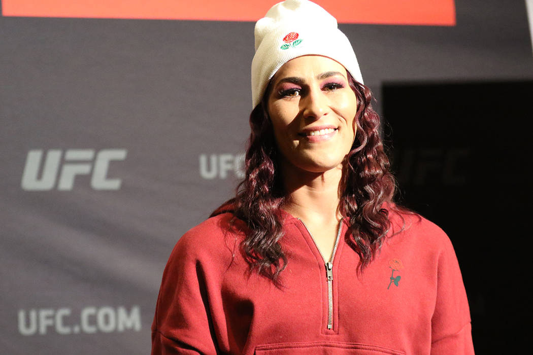 UFC women's flyweight Jessica Eye poses for a photo during a UFC 245 media event at the Red Roc ...