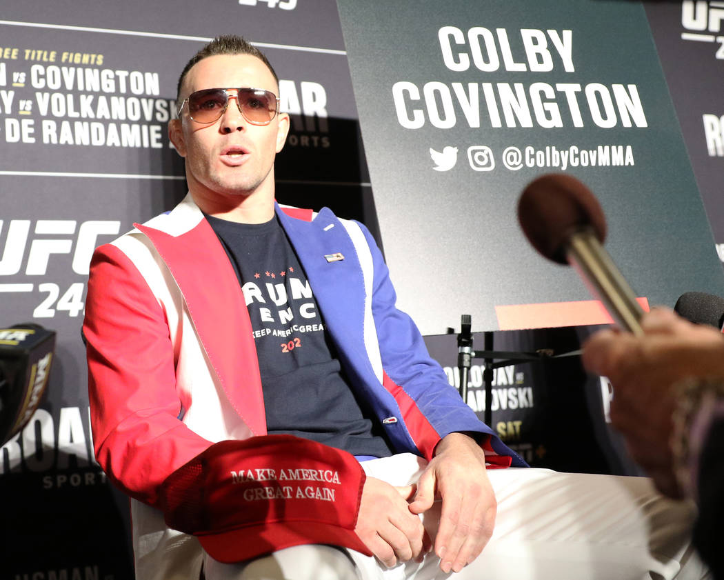UFC welterweight Colby Covington answers questions from reporters during a UFC 245 media event ...