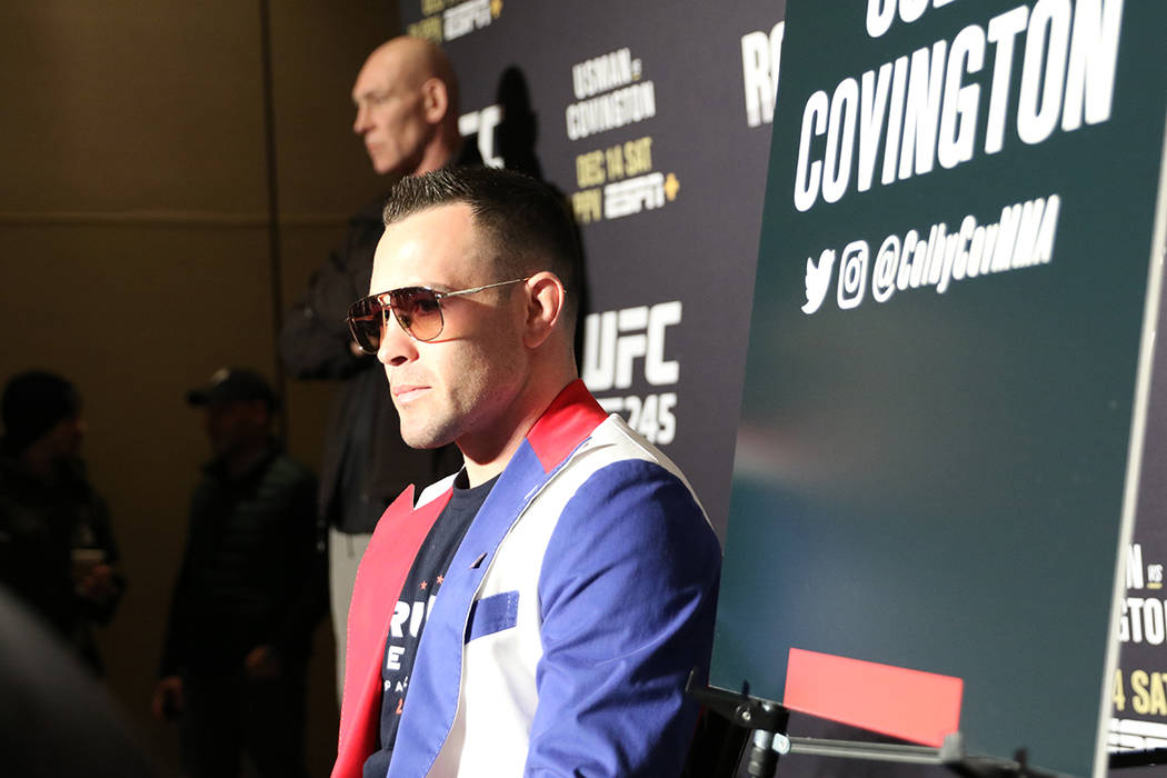 UFC welterweight Colby Covington takes questions from reporters during a UFC 245 media event at ...