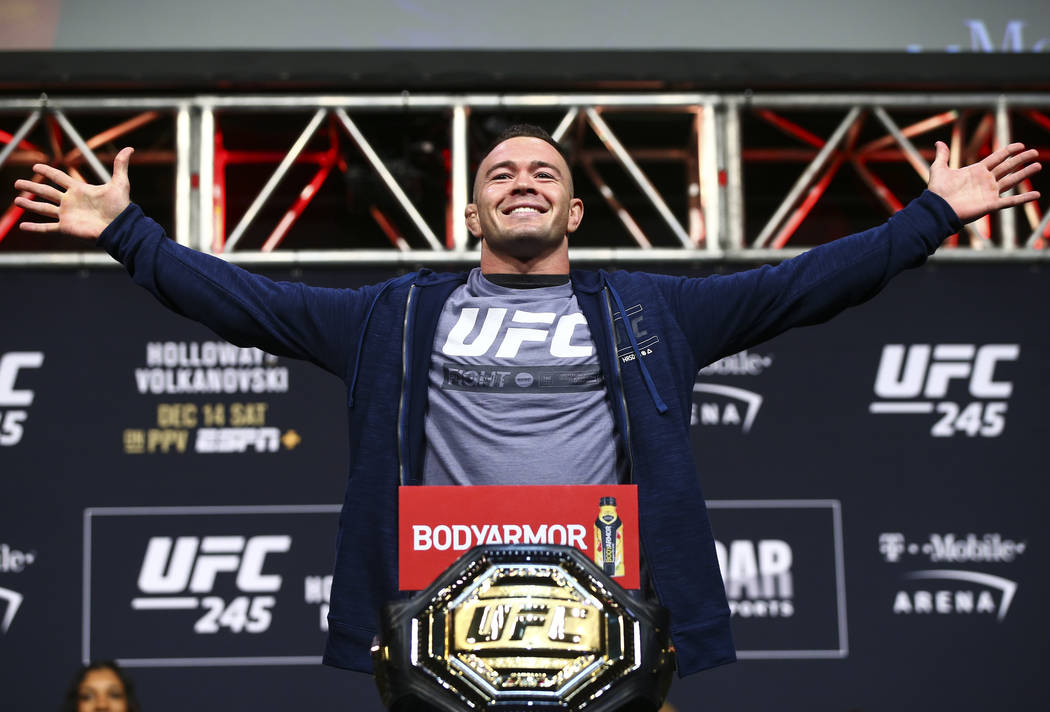 Colby Covington poses during the ceremonial weigh-in event ahead of his fight against Kamaru Us ...