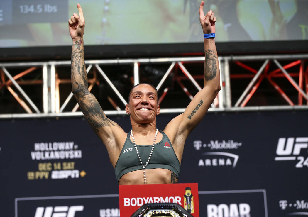 Germaine de Randamie poses during the ceremonial weigh-in event ahead of her fight against Aman ...