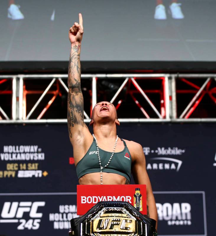 Germaine de Randamie poses during the ceremonial weigh-in event ahead of her fight against Aman ...