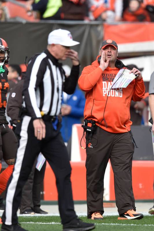 Cleveland Browns head coach Freddie Kitchens yells at an official during the first half of an N ...