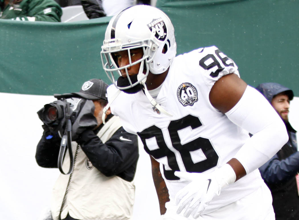 Oakland Raiders defensive end Clelin Ferrell (96) takes the field before an NFL game against th ...