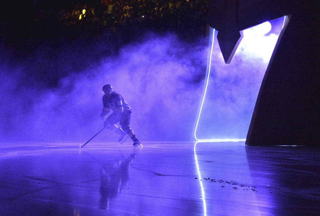 Vegas Golden Knights right wing Alex Tuch takes the ice prior to the start of an NHL hockey gam ...