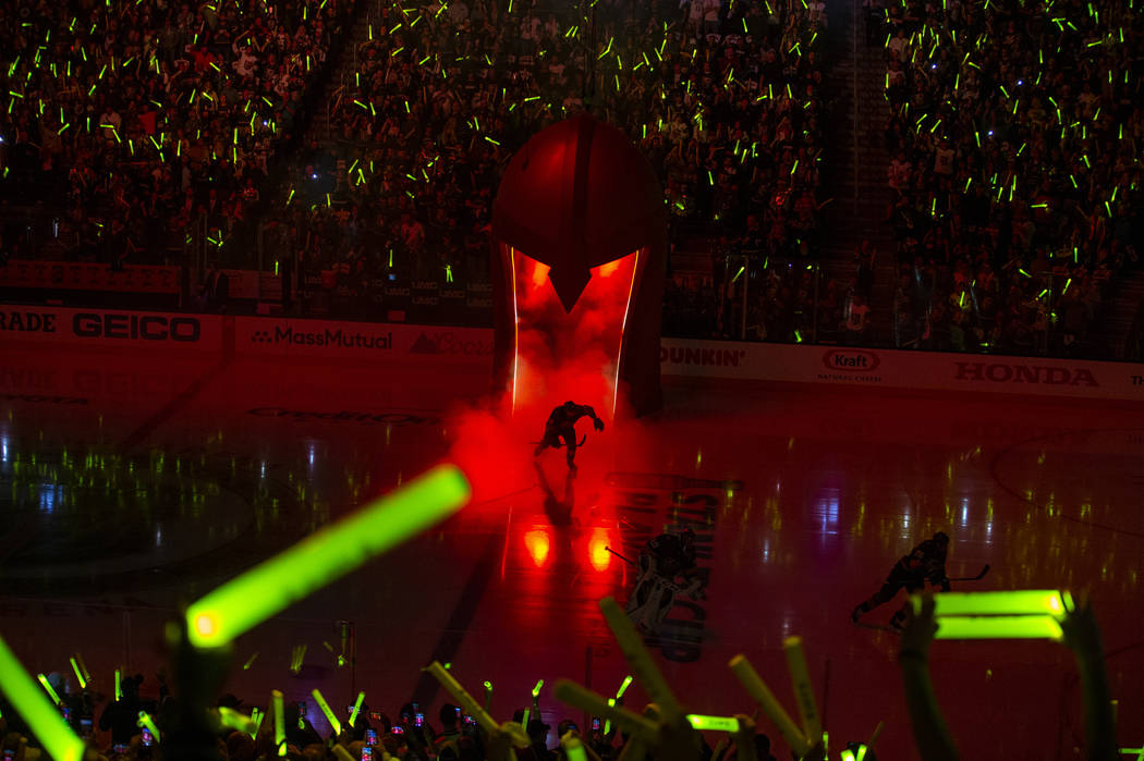 Golden Knights take the ice before the first period of Game 3 of an NHL Western Conference quar ...