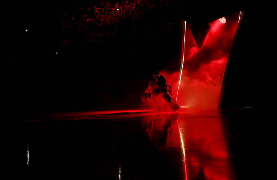 Vegas Golden Knights goaltender Marc-Andre Fleury comes onto the ice before Game 3 of the team' ...