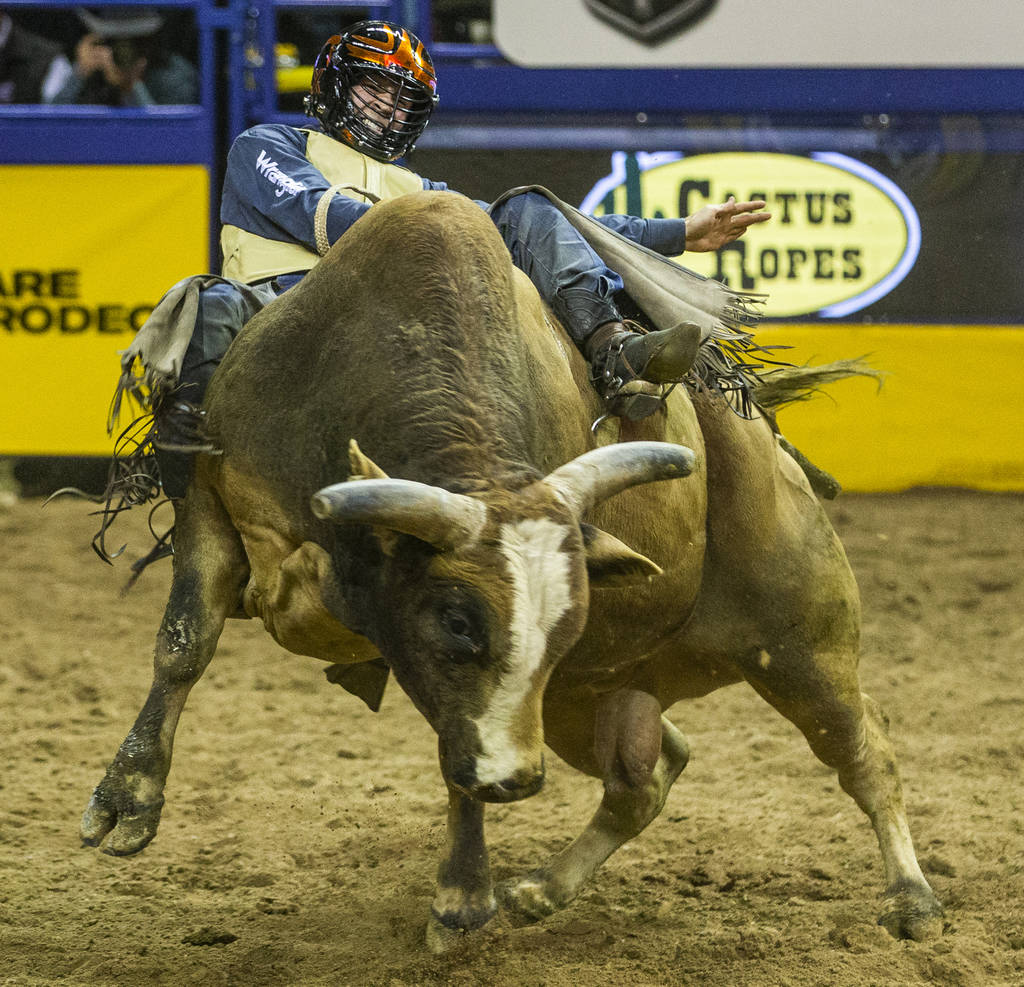 Trey Kimzey of Strong City, Okla., fights to stay on the back of Shootin' Stars in Bull Riding ...