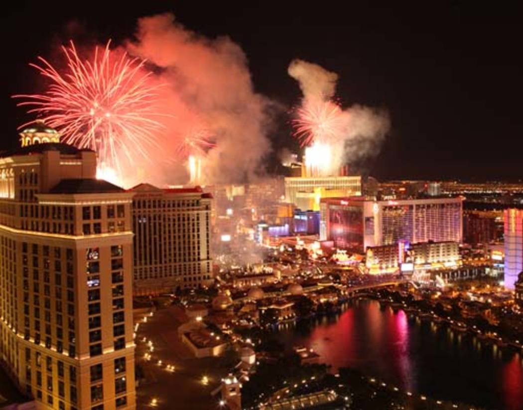 Fireworks explode over the Strip on Dec. 31, 2010. (Justin Yurkanin/Las Vegas Review-Journal)