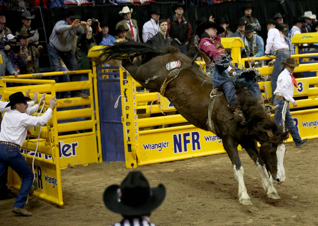 Jake Brown of Cleveland, Texas rides Blessed Assurance in Bareback Riding during the ninth go-a ...