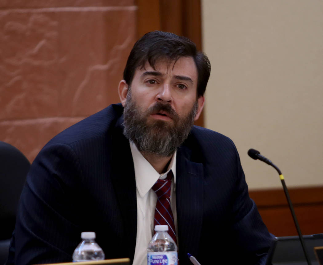 Nevada Judicial Discipline Commissioner Thomas Armstrong listens to an opening statement given ...