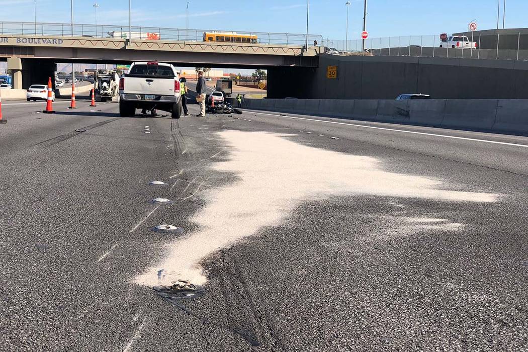 A motorcyclist died after a crash on U.S. Highway 95 near the Decatur Boulevard exit in Las Veg ...