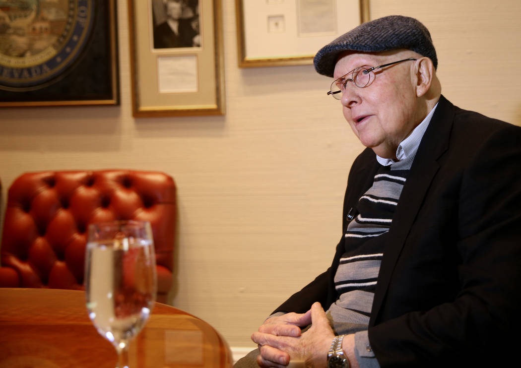 Former Nevada Sen. Harry Reid talks to a reporter in his office at the Bellagio in Las Vegas Mo ...