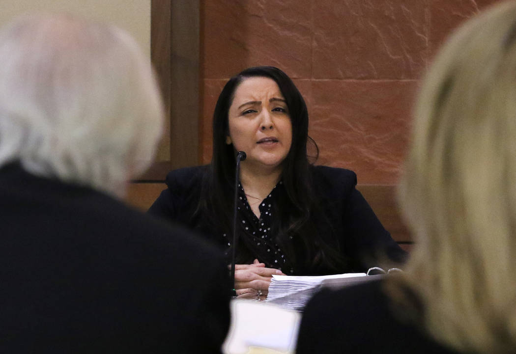 Attorney Bill Terry, left, defending Las Vegas Justice of the Peace Melanie Andress-Tobiasson, ...