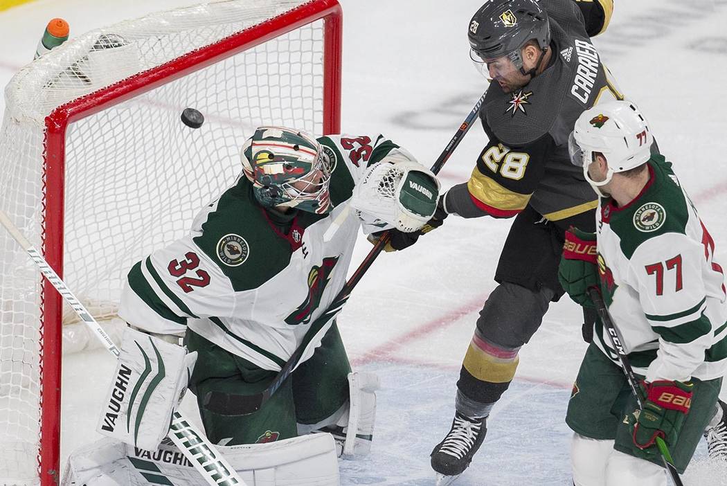 Vegas Golden Knights left wing William Carrier (28) assist's on a goal against Minnesota Wild g ...