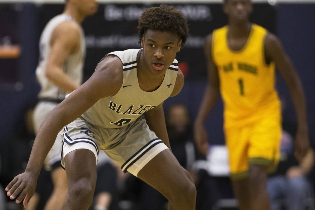 Sierra Canyon freshman guard Bronny James (0), son of Los Angeles Lakers star forward LeBron Ja ...