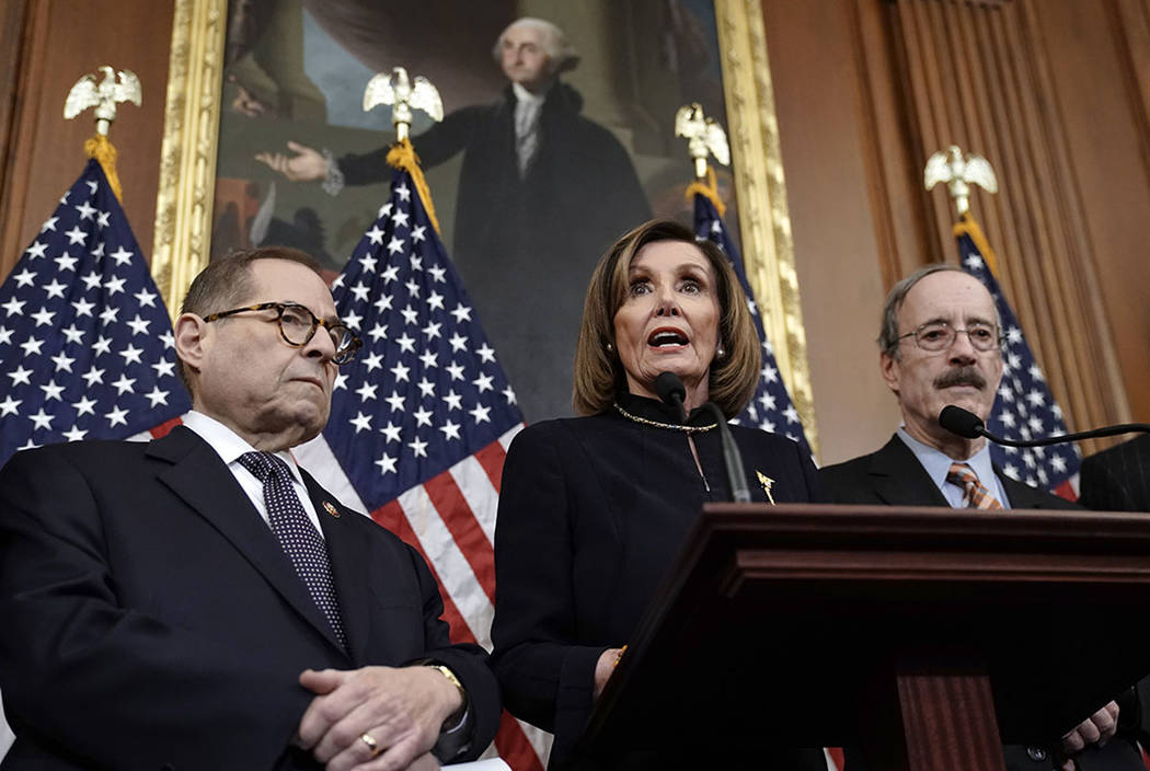 Speaker of the House Nancy Pelosi, D-Calif., flanked by House Judiciary Committee Chairman Jerr ...