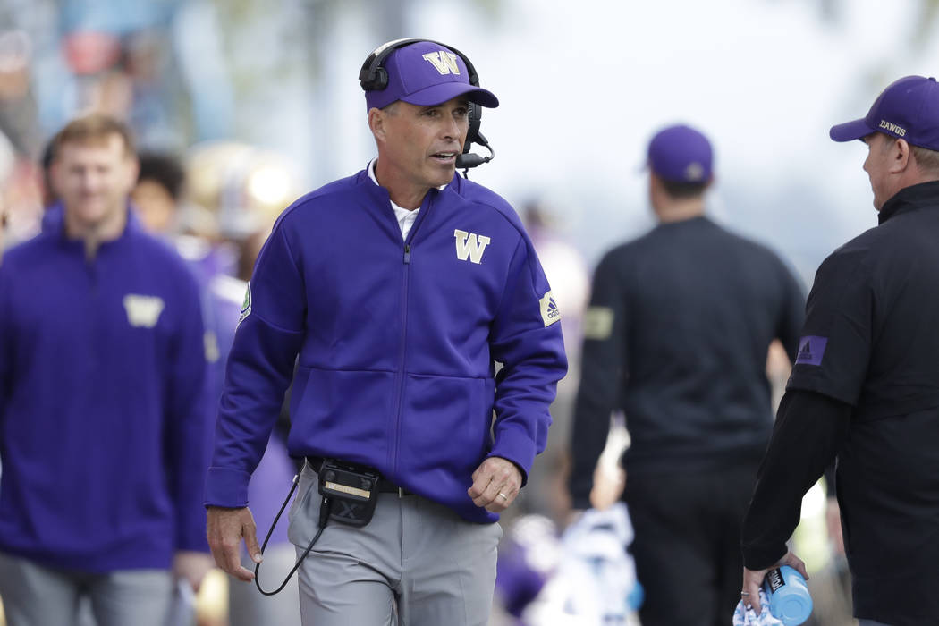 Washington head coach Chris Petersen looks on from the sidelines during an NCAA college footbal ...
