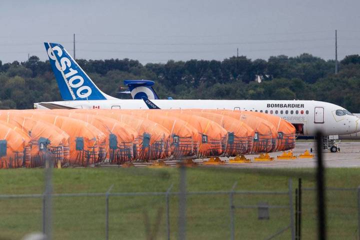 In an Oct. 3, 2019, file photo, completed Boeing 737 MAX fuselages, made at Spirit Aerosystems ...