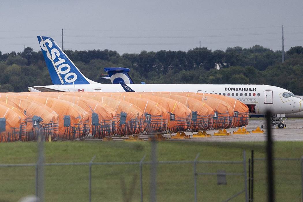 In an Oct. 3, 2019, file photo, completed Boeing 737 MAX fuselages, made at Spirit Aerosystems ...