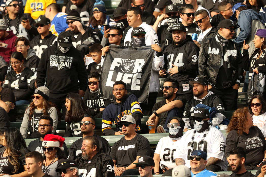 Oakland Raiders fans hold signs up during the first half of an NFL game against the Los Angeles ...