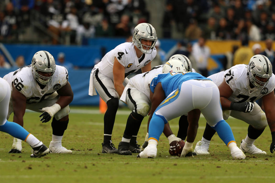 Oakland Raiders quarterback Derek Carr (4) sets on the line of scrimmage with offensive guards ...