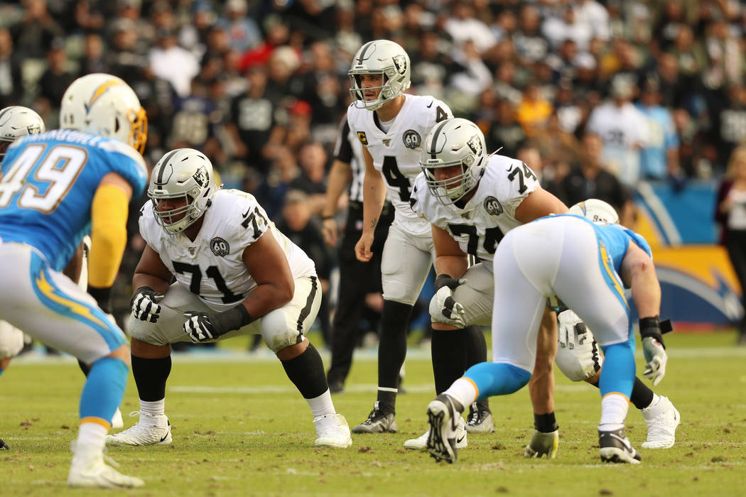 Oakland Raiders quarterback Derek Carr (4) readies himself on the line of scrimmage as offensiv ...