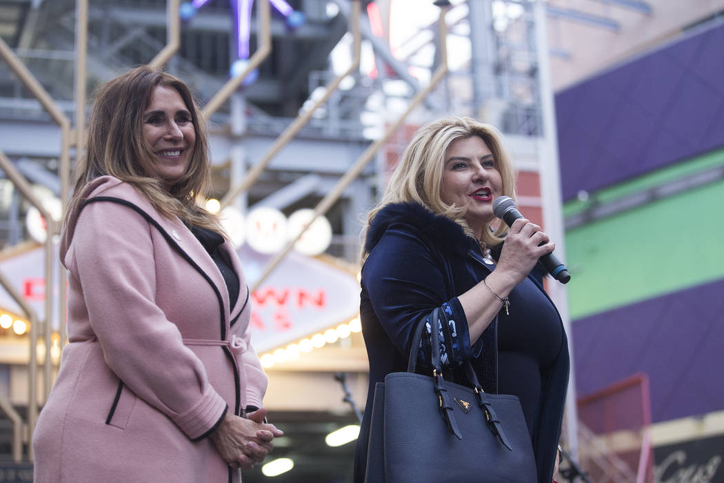 Las Vegas City Councilwoman Michele Fiore addresses the crowd next to Las Vegas City Councilwom ...