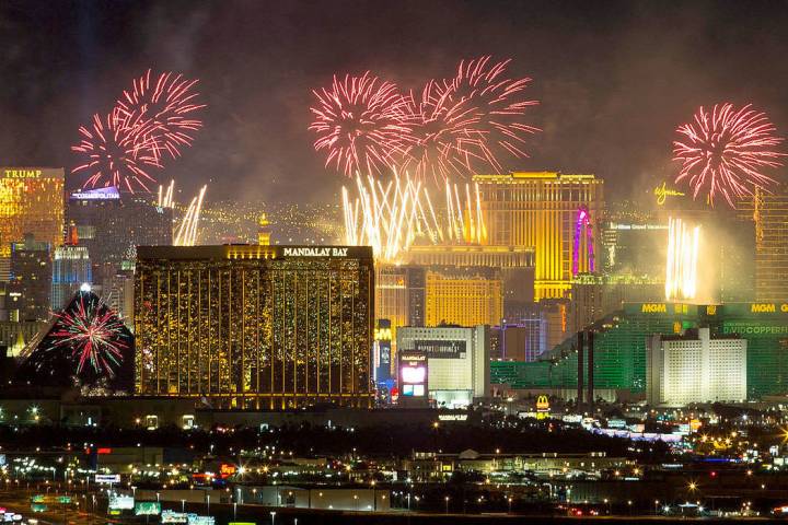 This Dec. 31, 2019, file photo shows New Year’s fireworks explode over the Strip. (Las Vegas ...