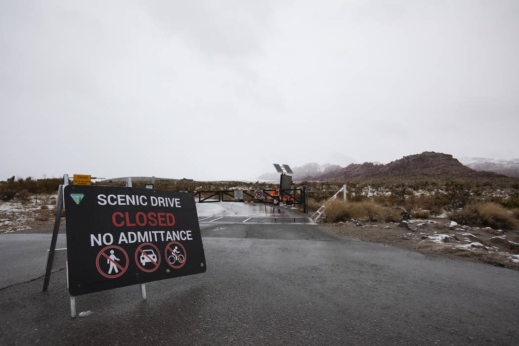 The Scenic Loop at Red Rock Canyon is closed due to weather, including snow, on Thursday, Dec. ...