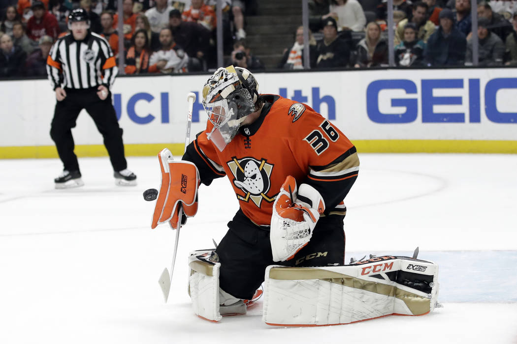 Anaheim Ducks goaltender John Gibson (36) stops a shot during the first period of an NHL hockey ...