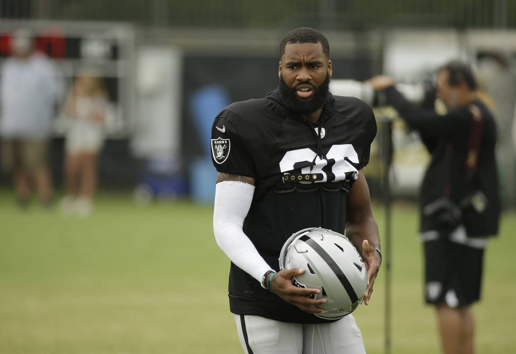 Oakland Raiders cornerback Daryl Worley during NFL football practice Wednesday, Aug. 8, 2018, i ...