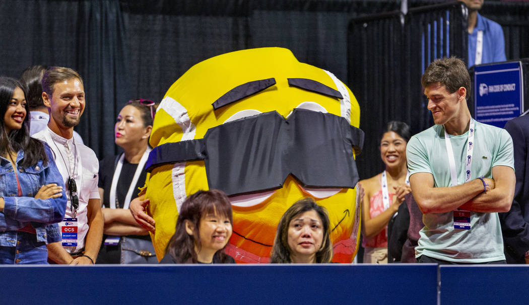 One of several tennis ball mascots visits with fans as the Vegas Rollers battle the Philadelphi ...