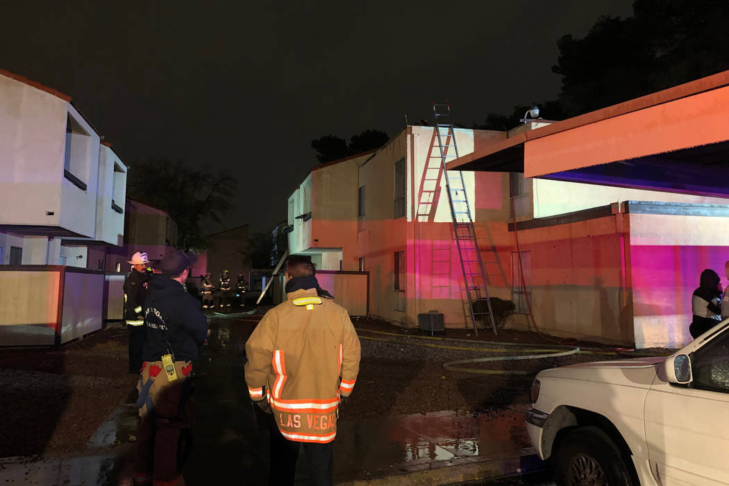 Firefighters respond to a blaze Thursday, Dec. 26, 2019, at the Rancho Verde Apartments, 98 S. ...