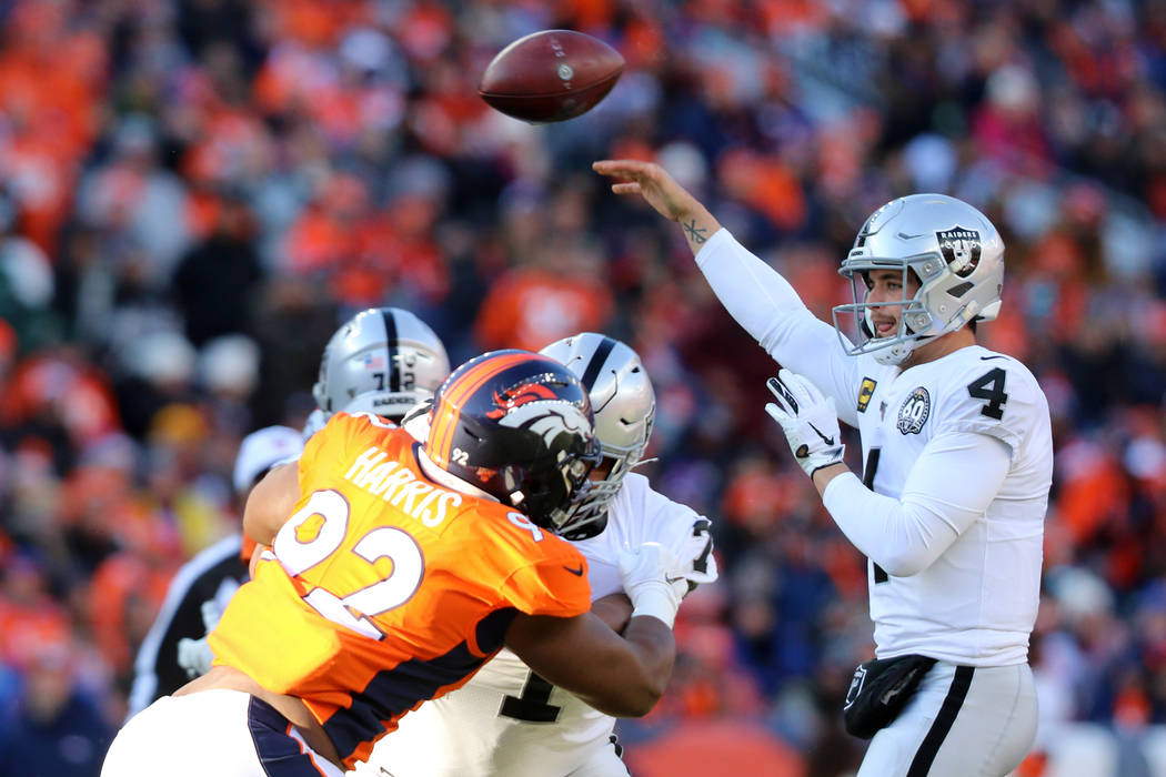 Oakland Raiders quarterback Derek Carr (4) throws the football as offensive tackle Denzelle Goo ...