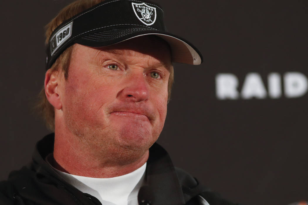 Oakland Raiders head coach Jon Gruden speaks after an NFL football game against the Denver Bron ...