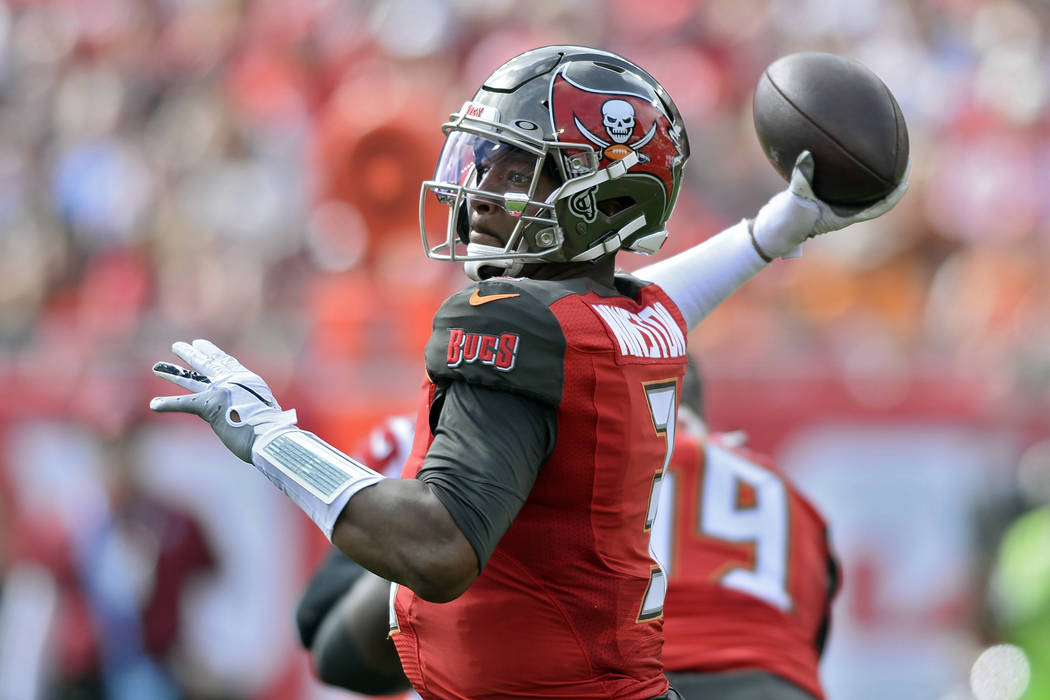 Tampa Bay Buccaneers quarterback Jameis Winston (3) fires a pass against the Atlanta Falcons du ...