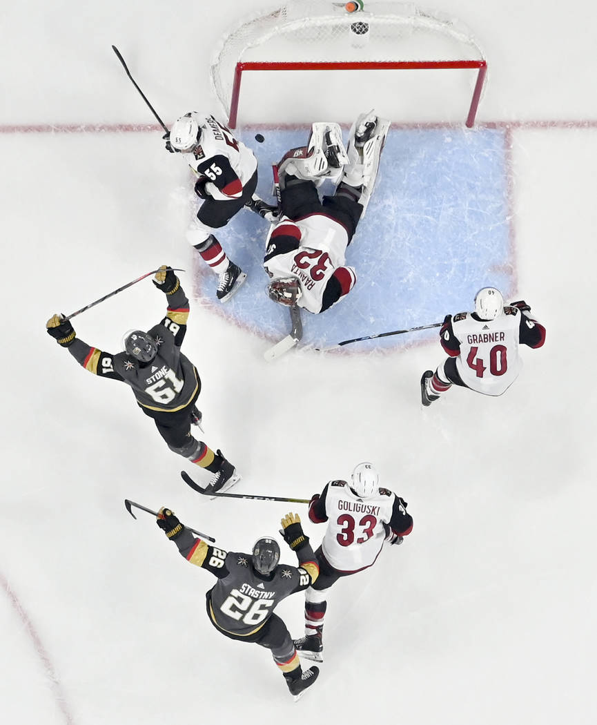 Vegas Golden Knights right wing Mark Stone (61) and center Paul Stastny (26) react after Stone ...