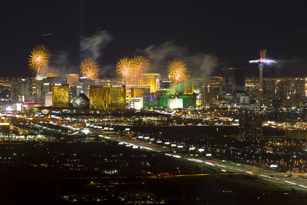 New Year’s fireworks explode over the Las Vegas Strip ringing in 2019. (Las Vegas Review-Jour ...