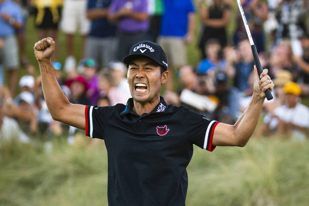 Kevin Na celebrates his victory on the second playoff hole at 18 during the final round of Shri ...