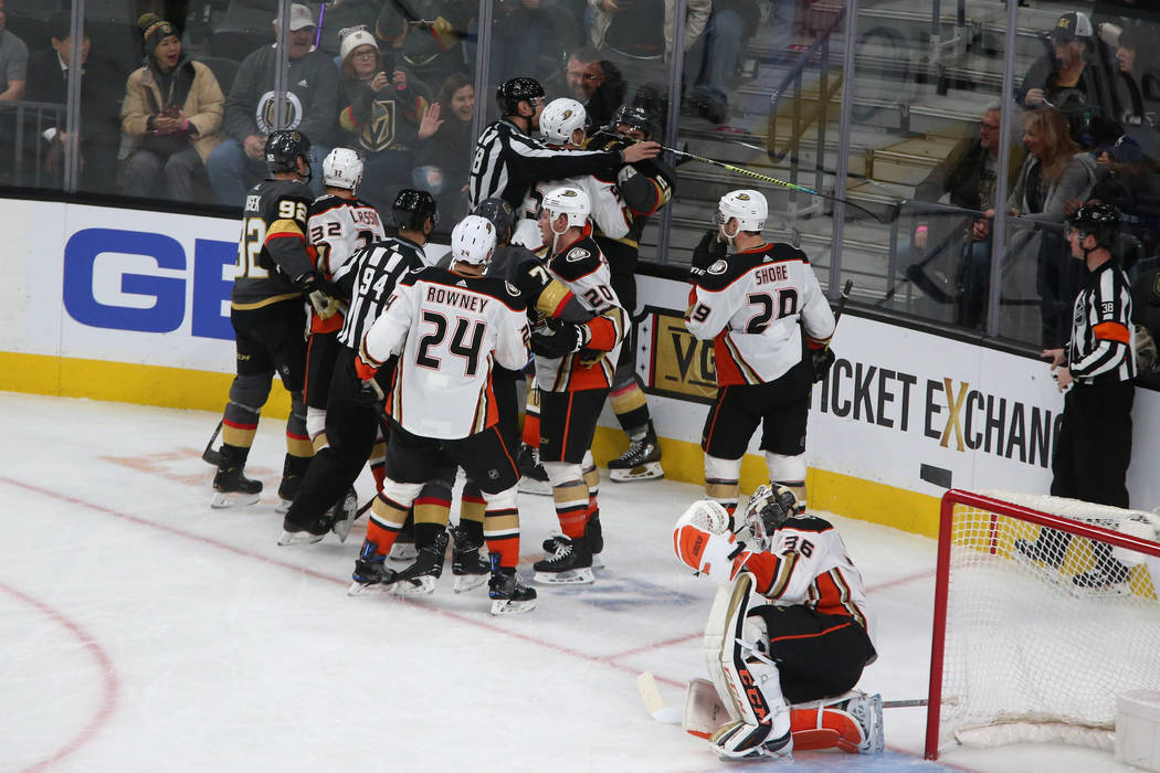 Vegas Golden Knights goaltender Marc-Andre Fleury (29) and Anaheim Ducks players get into a scu ...