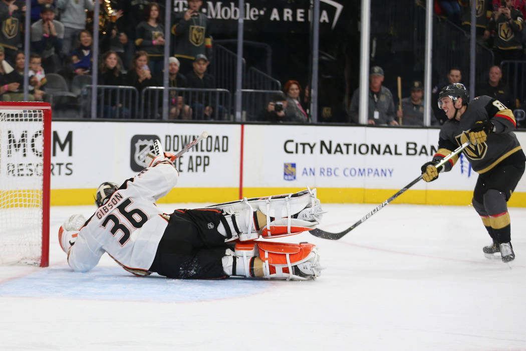 Vegas Golden Knights center Jonathan Marchessault (81) shoots a penalty shot for a score agains ...