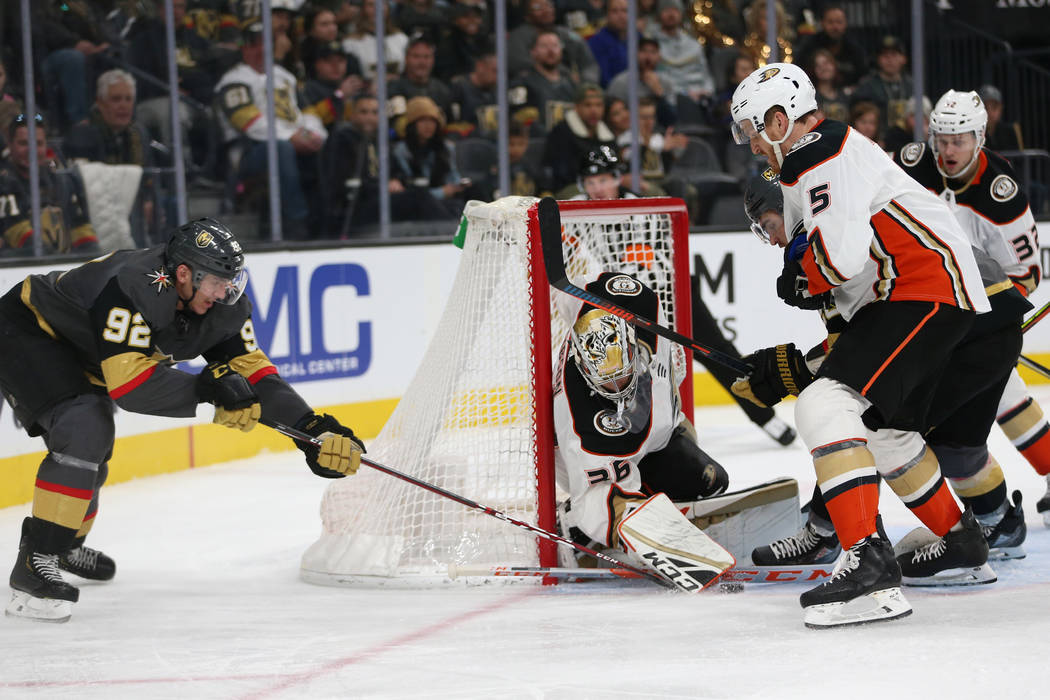 Vegas Golden Knights left wing Tomas Nosek (92) shoots the puck against Anaheim Ducks goaltende ...