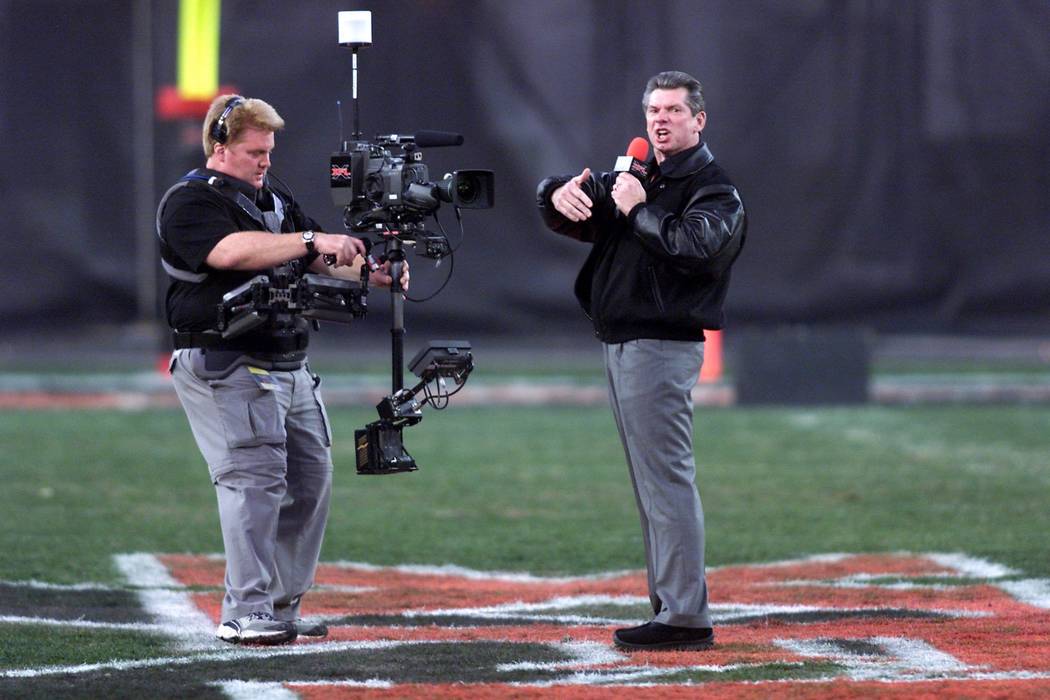 XFL founder Vince McMahon welcomes fans to the first-ever Las Vegas XFL game between the Outlaw ...