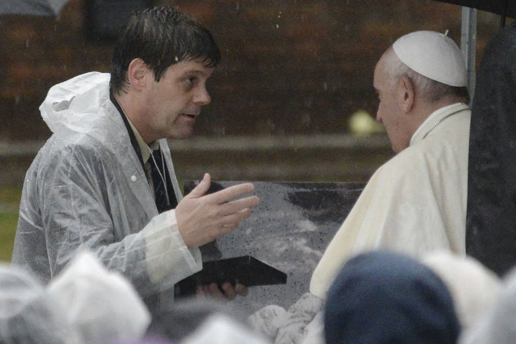 Pope Francis speaks to Tyge O'Donnell at Nagasaki Hypocenter Park in Nagasaki, Nagasaki prefect ...