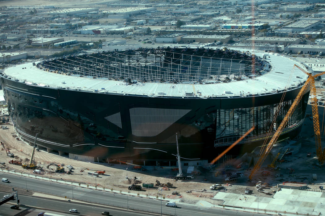 Allegiant Stadium, home of the Las Vegas Raiders, as seen from Rivea restaurant at Delano in La ...