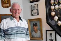 Former New York Yankees pitcher Don Larsen stands in his memorabilia room, Wednesday, Aug. 2, 2 ...